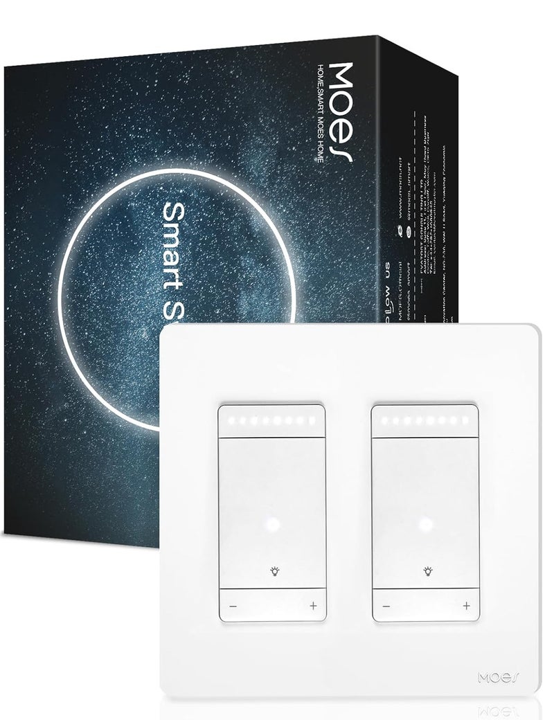 MOES 3 Way Smart Star Ring Dimmer Switch, 2.4GHz WiFi Dimmable Light Switch,Neutral Wire Required, Smart Life APP Remote Control, Works with Alexa & Google Assistant, Timer & Schedule White 2 Gang - Image 1